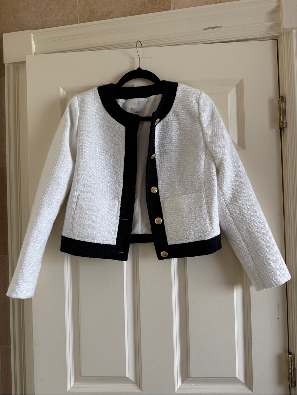 J. Crew Factory White Tweed Cropped Jacket with Black Trim